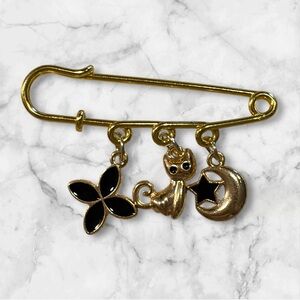 Gold Safety Pin Brooch with Charms